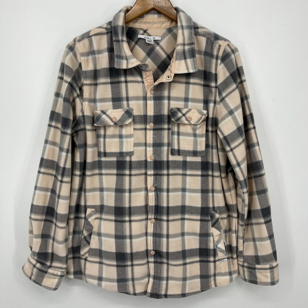 O'Neill Fleece Button Snap Jacket Women's‎ Size L Cream Pink Plaid Print